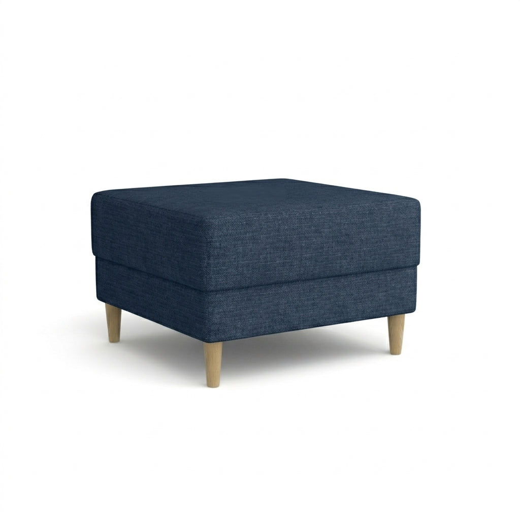 Harmi 66x66 pouffe in Stormy Navy (SAWANA 20) – upholstered pouffe in woven fabric on beech legs