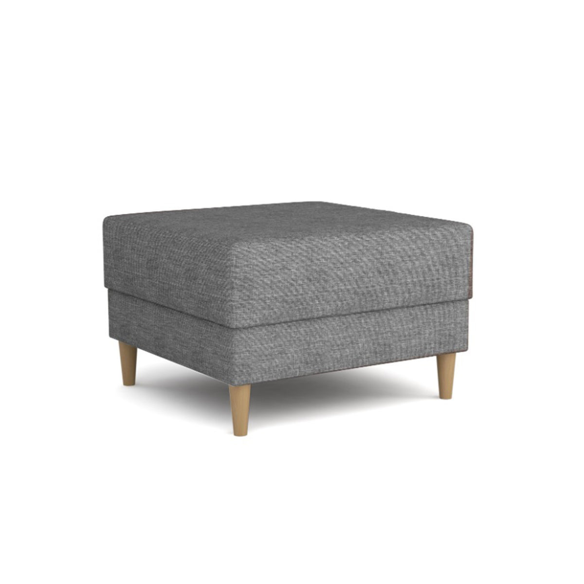 Harmi 66x66 pouffe in Silver Mist (SAWANA 05) – square pouffe on tall wooden legs, viewed at an angle