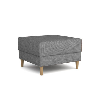 Harmi 66x66 pouffe in Silver Mist (SAWANA 05) – square pouffe on tall wooden legs, viewed at an angle