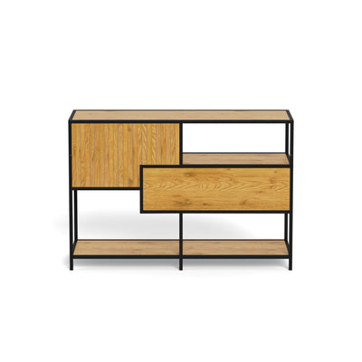 Skeleto low bookcase 114x78 Wild Oak – rear view showing the back panel and drawer unit