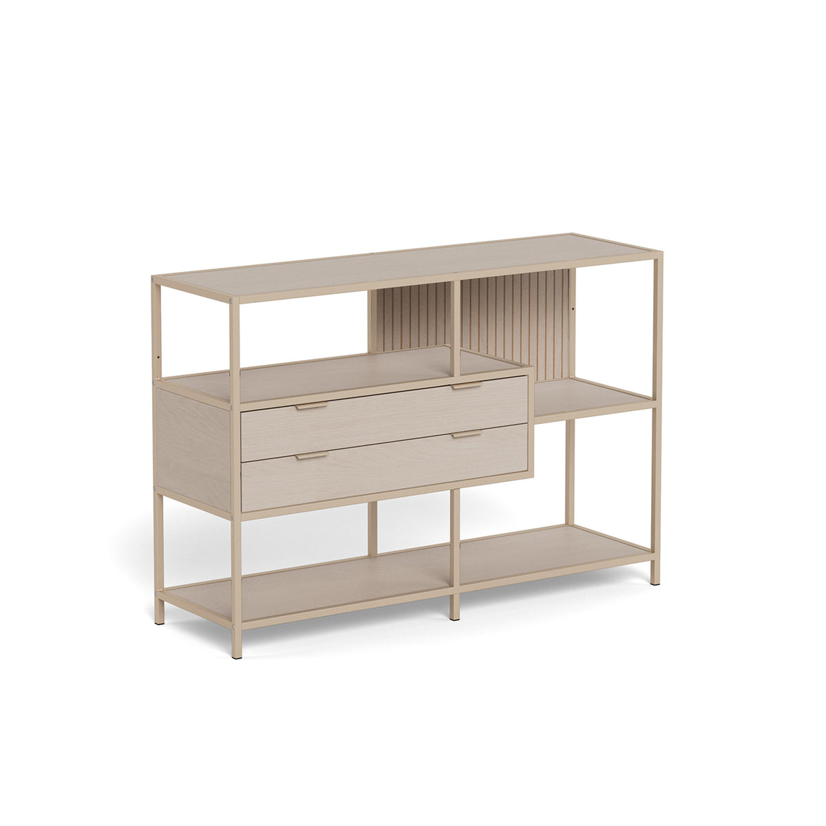 Skeleto low bookcase, 114x78, grey melamine – an oblique view of the light-coloured frame, shelves and two drawers