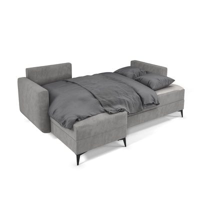 Forra corner sofa unfolded into a bed with bedding, Steel Grey (MANILA 16)