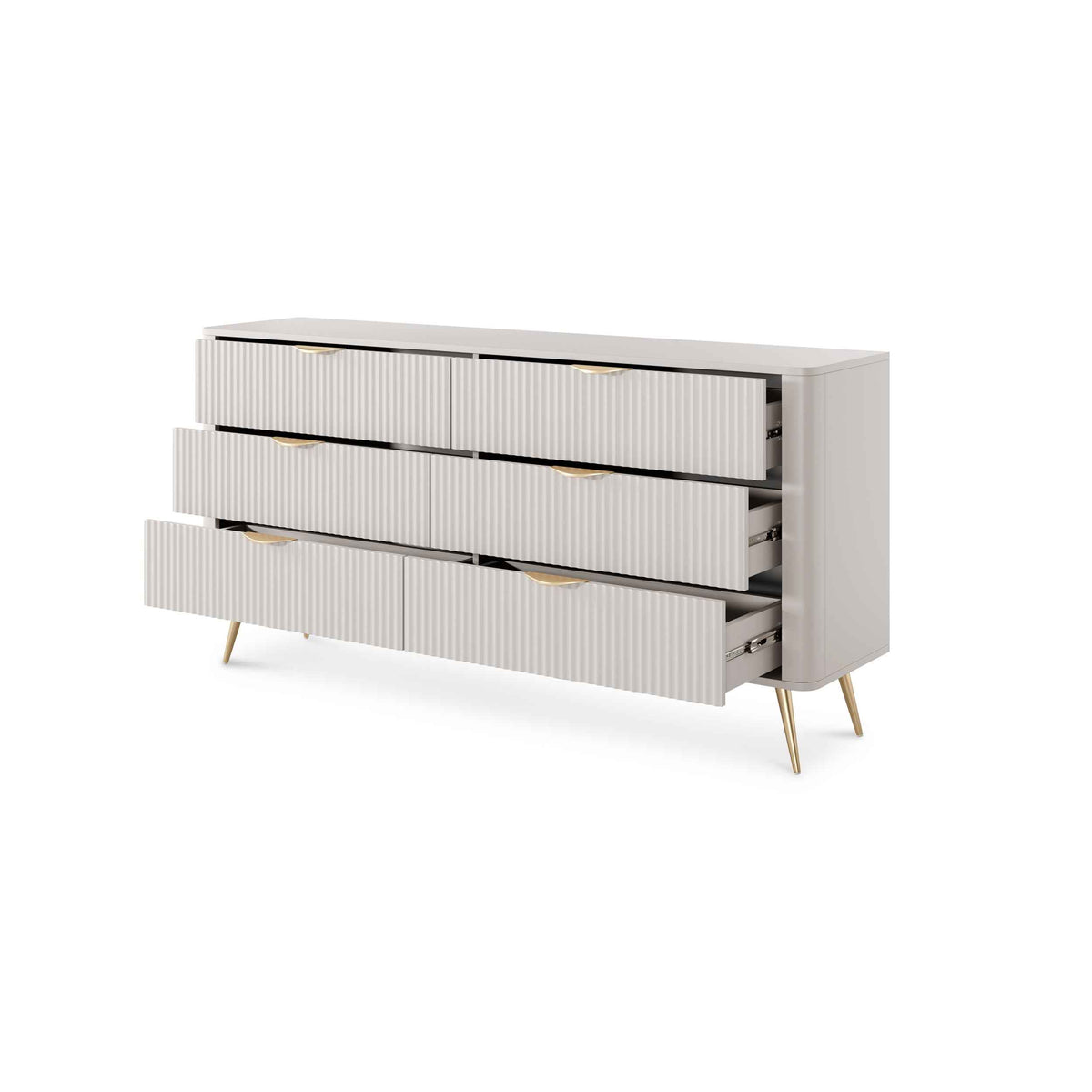 Laanti Chest of Drawers 163x81 with 6 Drawers, Elegant Style – with doors open