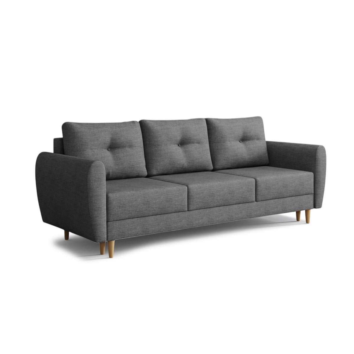 Harmi sofa, 235 cm, Ink Slate (SAWANA 06) – three-seater sofa with bedding storage compartment on beech legs