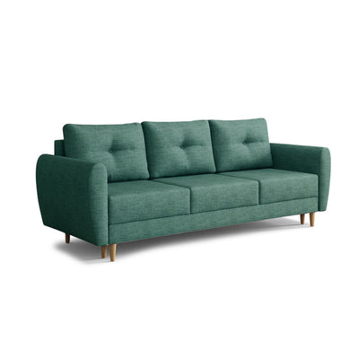 Harmi sofa, 235 cm, Petrol Azure (SAWANA 30) – three-seater sofa with bedding storage compartment on beech legs