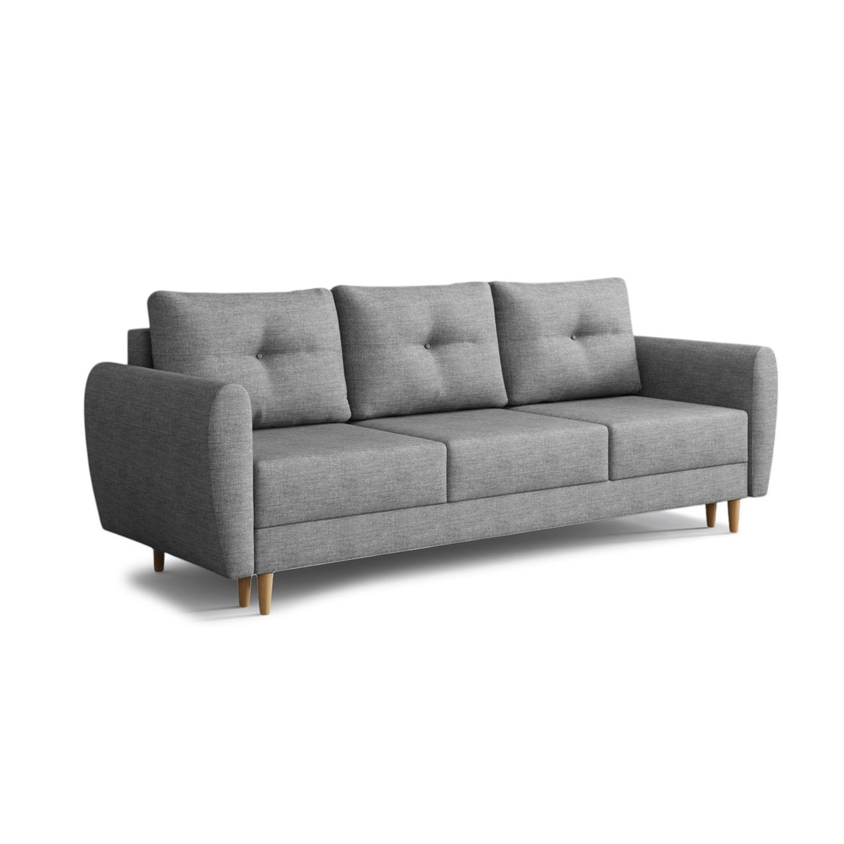 Harmi sofa, 235 cm, Ash Quartz (SAWANA 32) – three-seater sofa with bedding storage compartment on beech legs
