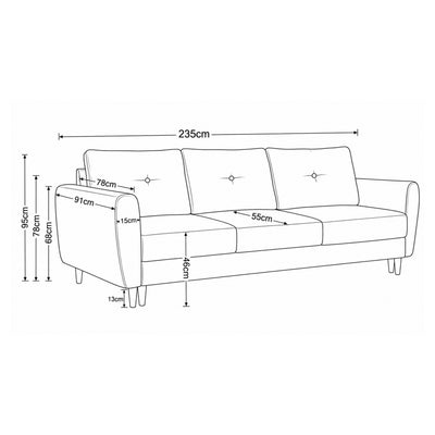Harmi sofa, 235 cm – dimension drawing with width, depth, seat height and leg height