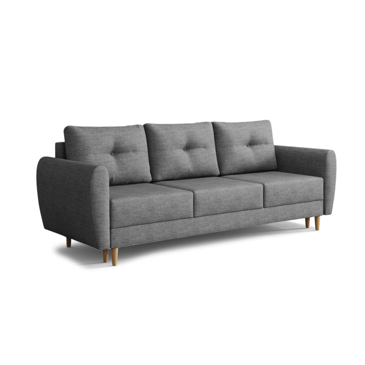 Harmi sofa, 235 cm, Silver Mist (SAWANA 05) – sofa bed with three tufted cushions, angled view