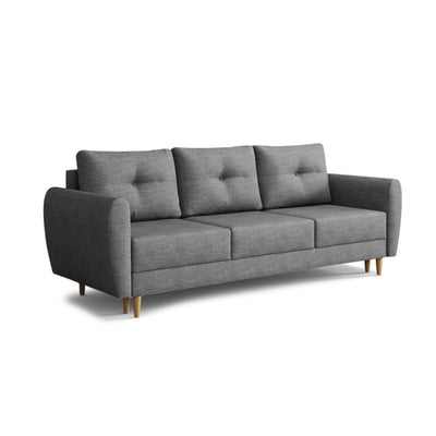 Harmi sofa, 235 cm, Silver Mist (SAWANA 05) – sofa bed with three tufted cushions, angled view