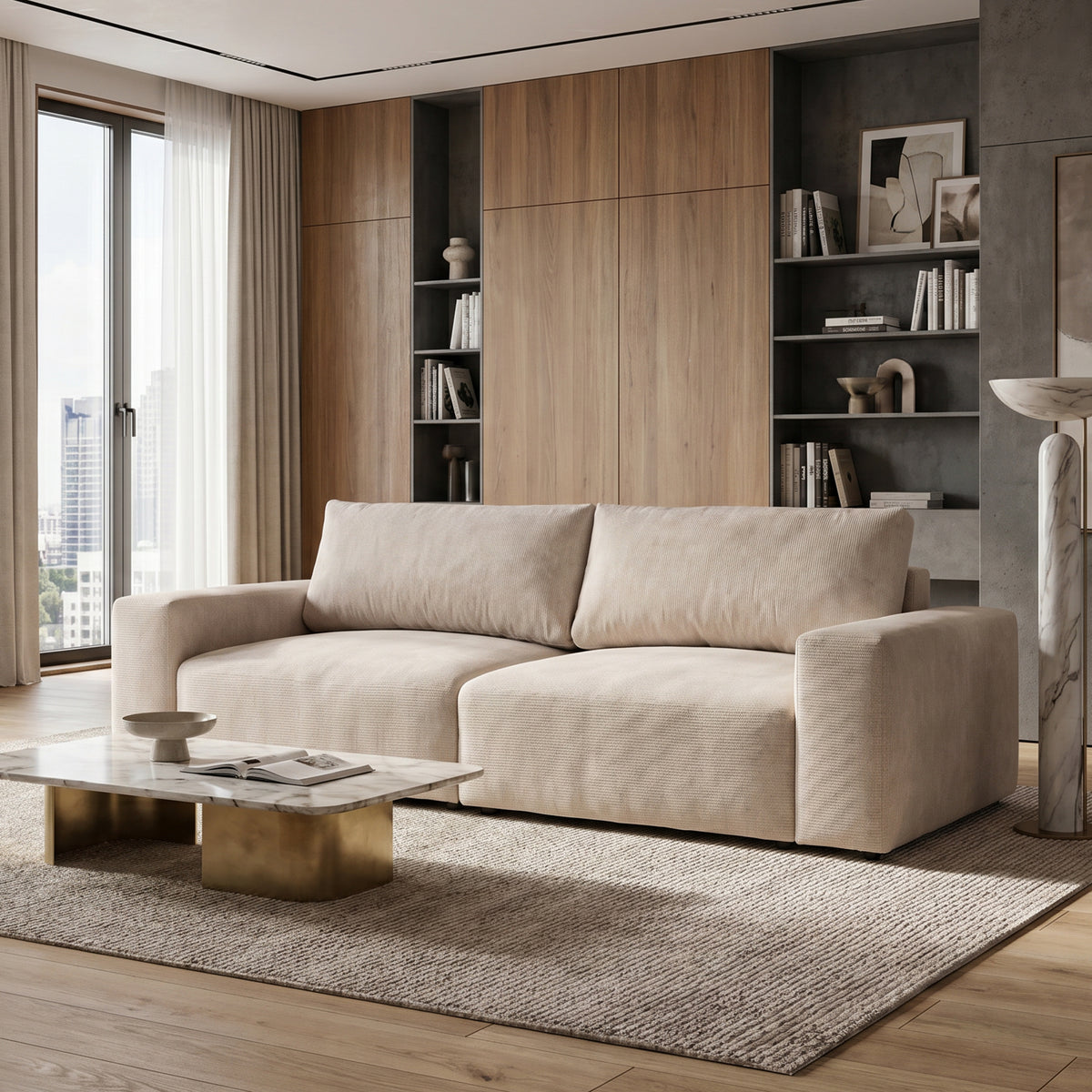Iskeli 260 cm sofa in Creamy Taupe (ARAGON 03) in a living room with a wooden wall, shelving unit and marble coffee table – sofa for the living room