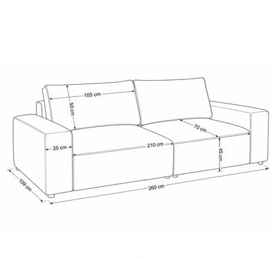 Iskeli 260 cm modular sofa – dimension drawing with width, depth, seat and backrest cushions