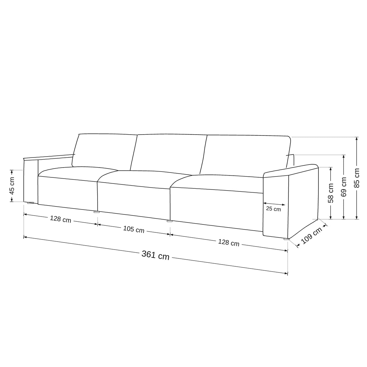 Iskeli Plus modular sofa – dimension drawing with the width of the modules, depth and heights