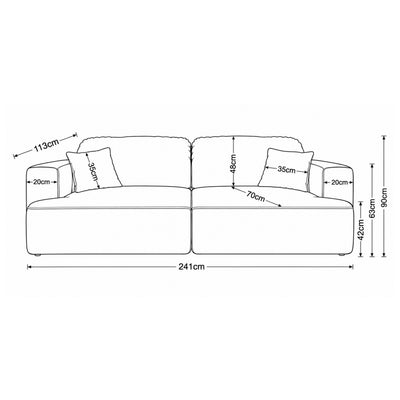 Senvali 241 cm sofa – dimension drawing with width, height, depth and the dimensions of the seat and armrests