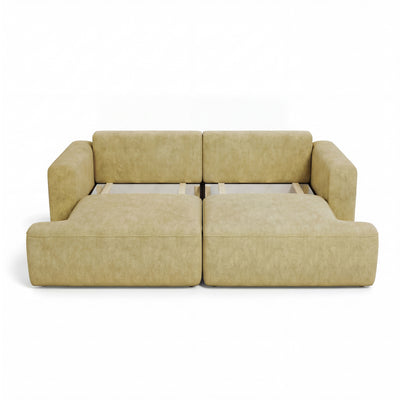 Senvali 241 cm sofa in Golden Sepia (CLOUD 32) with the bedding storage open – two compartments under the seat