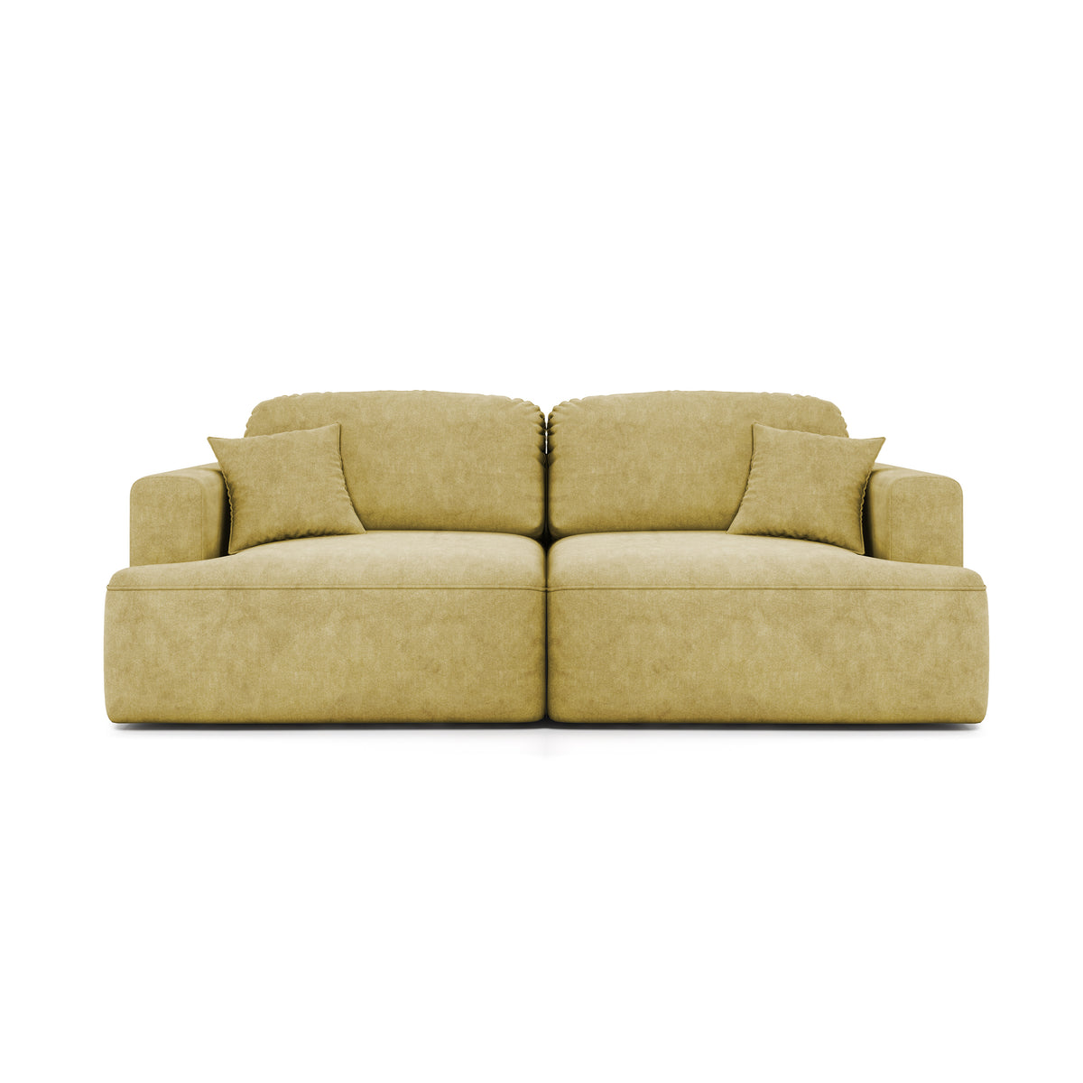 Senvali 241 cm sofa in Golden Sepia (CLOUD 32) – velour sofa bed with decorative cushions, front view