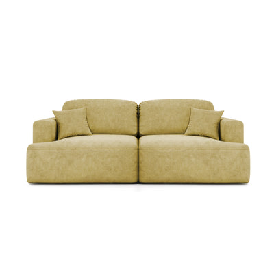 Senvali 241 cm sofa in Golden Sepia (CLOUD 32) – velour sofa bed with decorative cushions, front view