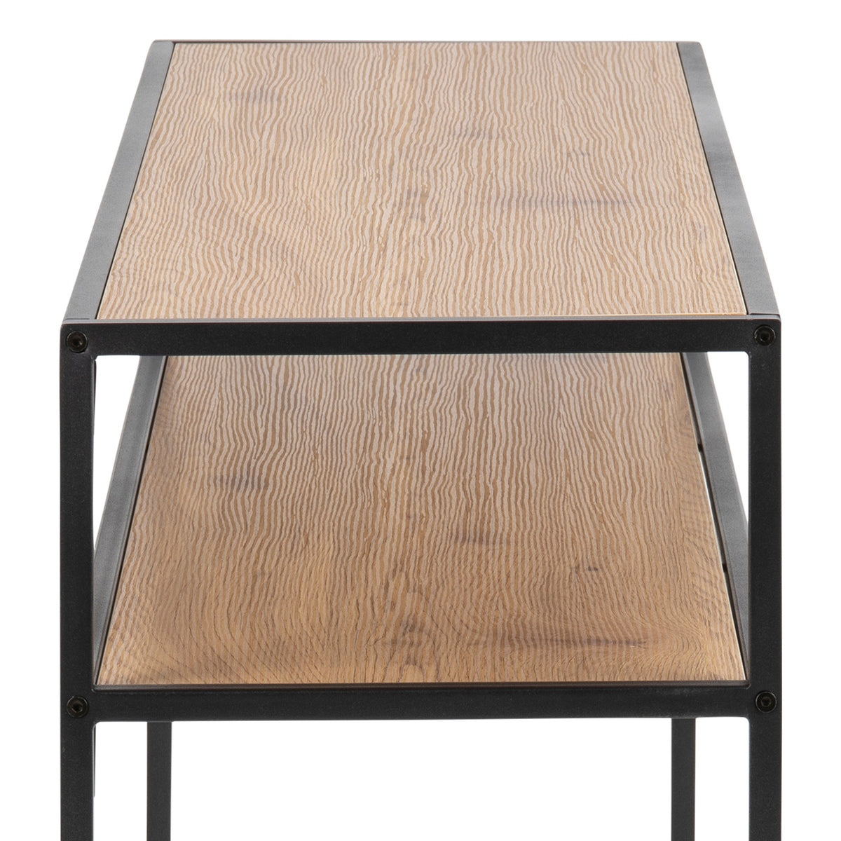 Skeleto 120x79 Wild Oak console table – a close-up of the oak finish on the worktop and shelf, and the black frame