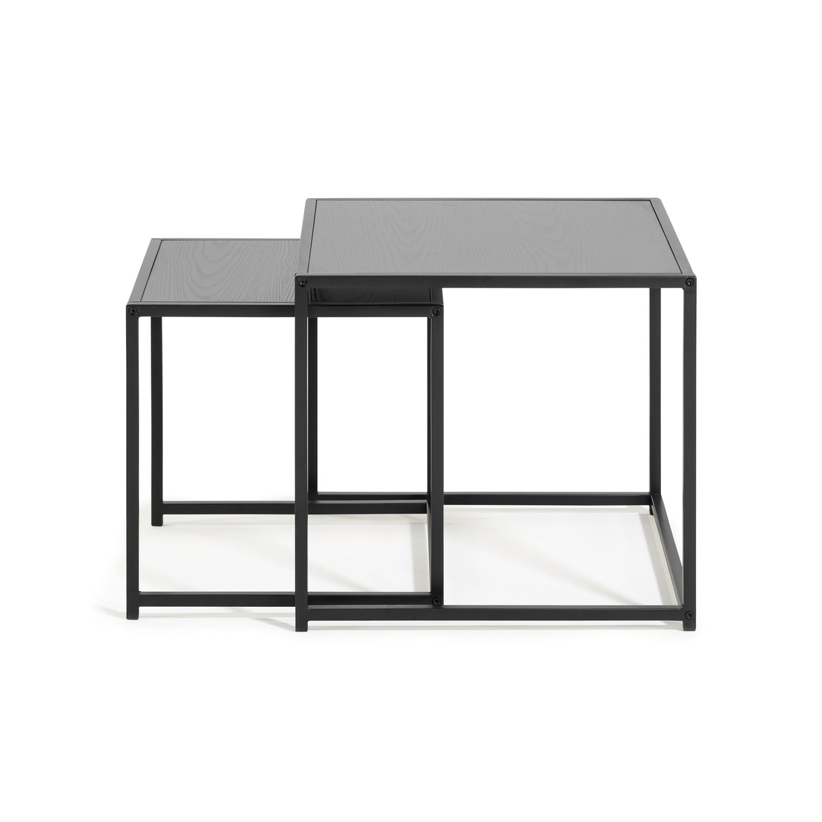 Skeleto 50x45 side tables – black melamine sides, black ash-coloured tops on a steel frame