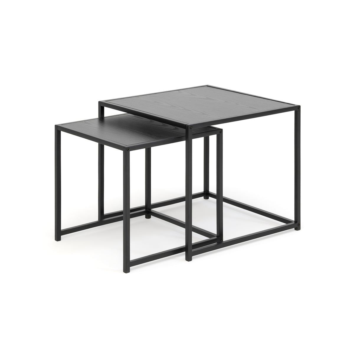 Set of 2 Skeleto coffee tables, 50x45, black melamine with bevelled edges – black nesting tables in a loft style