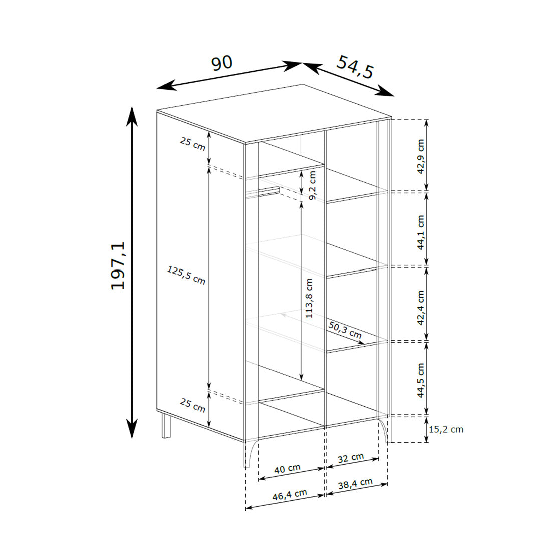 EKLIPSO wardrobe 90x197 with herringbone doors in a modern style – dimension drawing | Pillovely