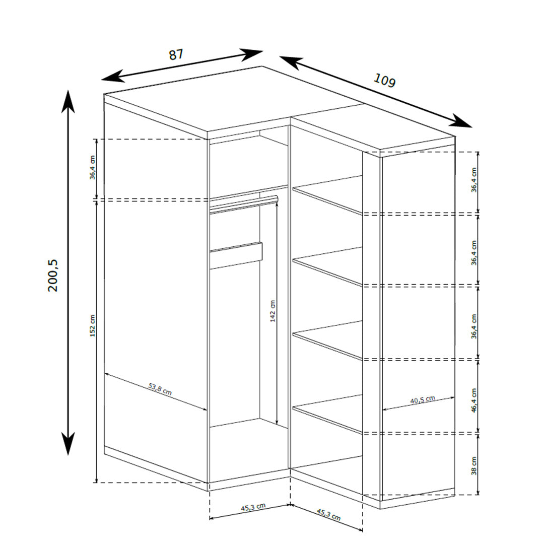 Korin corner wardrobe 109x201 – dimension drawing with width, height and depth