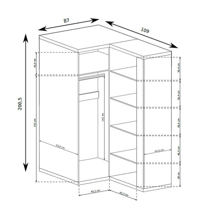 Korin corner wardrobe 109x201 – dimension drawing with width, height and depth