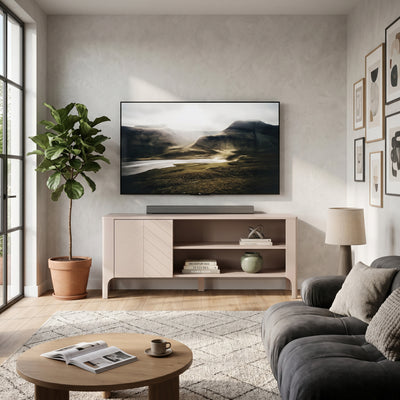EKLIPSO TV cabinet 135x57 with open shelving in a modern style, colour Cashmere – in an interior setting | Pillovely
