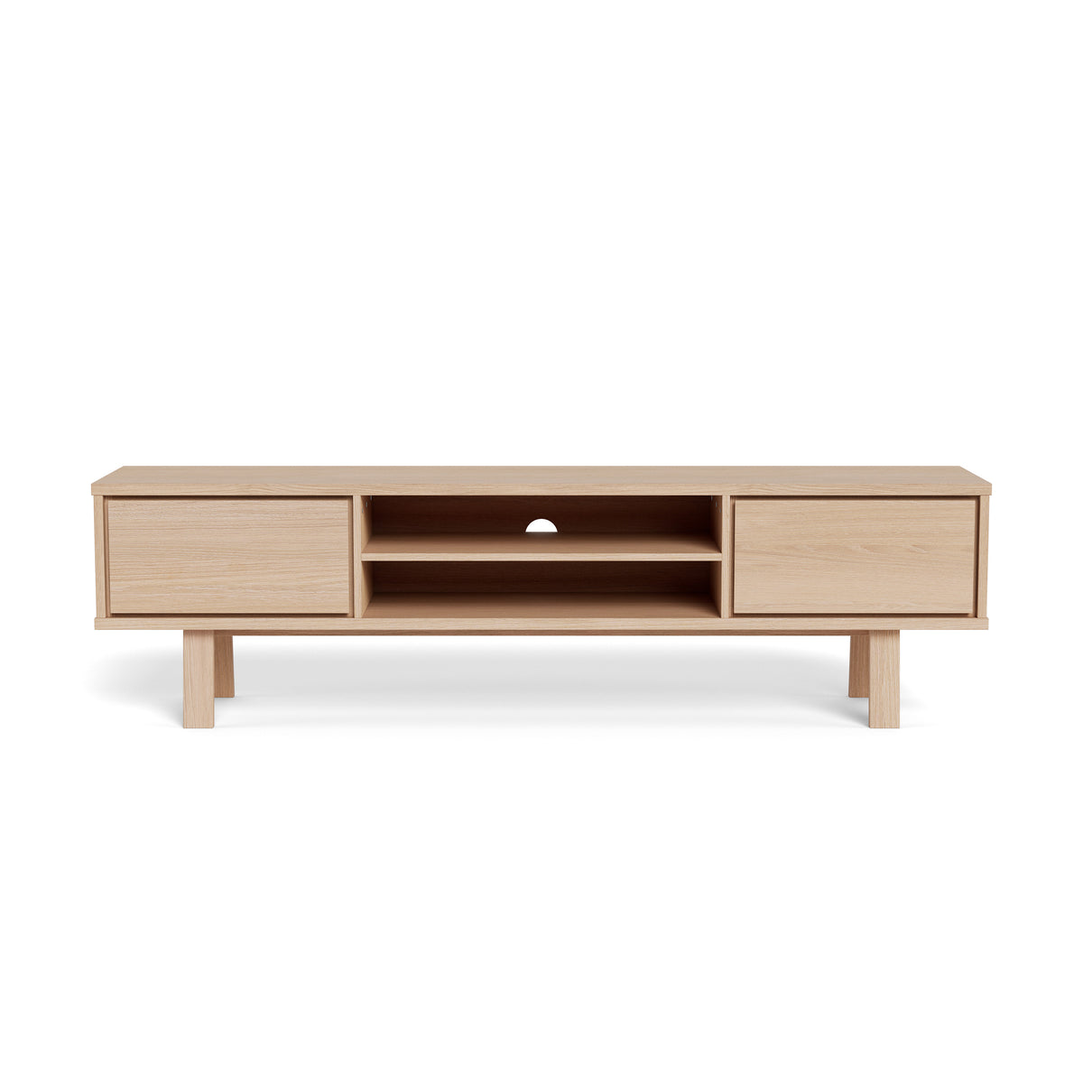 Lurisse TV cabinet, 180x50, bleached oak – front view showing the symmetrical arrangement of drawers and open compartments