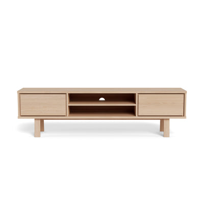 Lurisse TV cabinet, 180x50, bleached oak – front view showing the symmetrical arrangement of drawers and open compartments