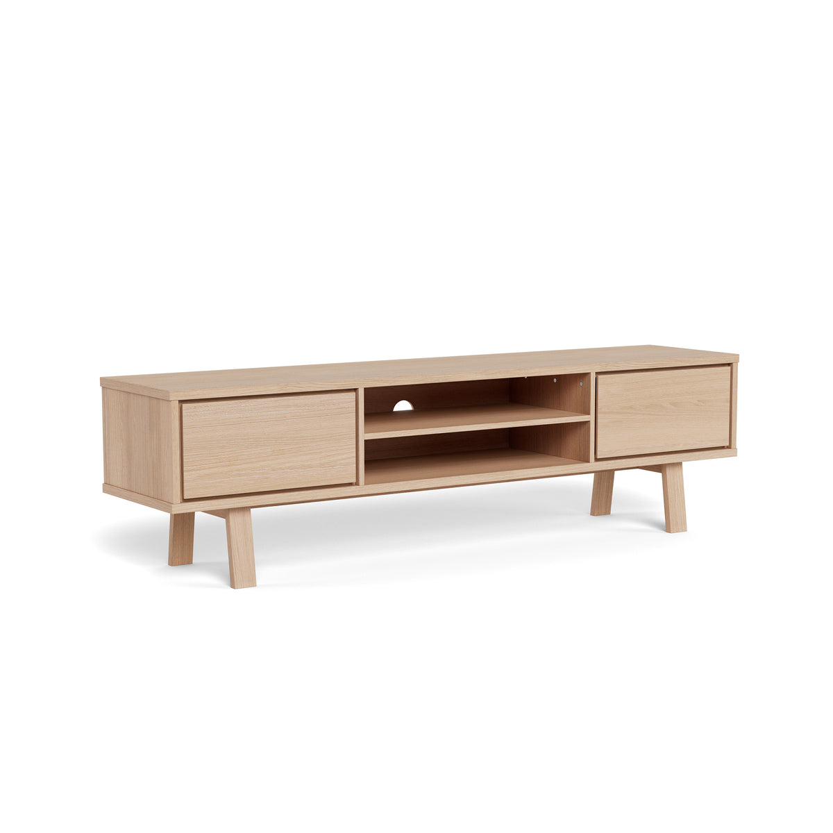 Lurisse TV cabinet 180x50, bleached oak – side view; TV stand with two drawers and a shelf