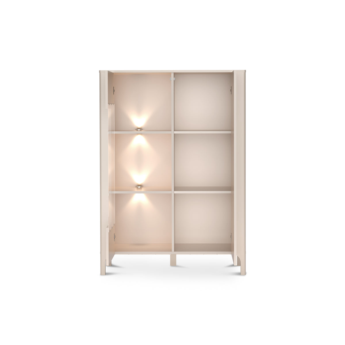EKLIPSO display cabinet 103x145 with glazing in a modern style, colour Cashmere – open view with LED lighting | Pillovely