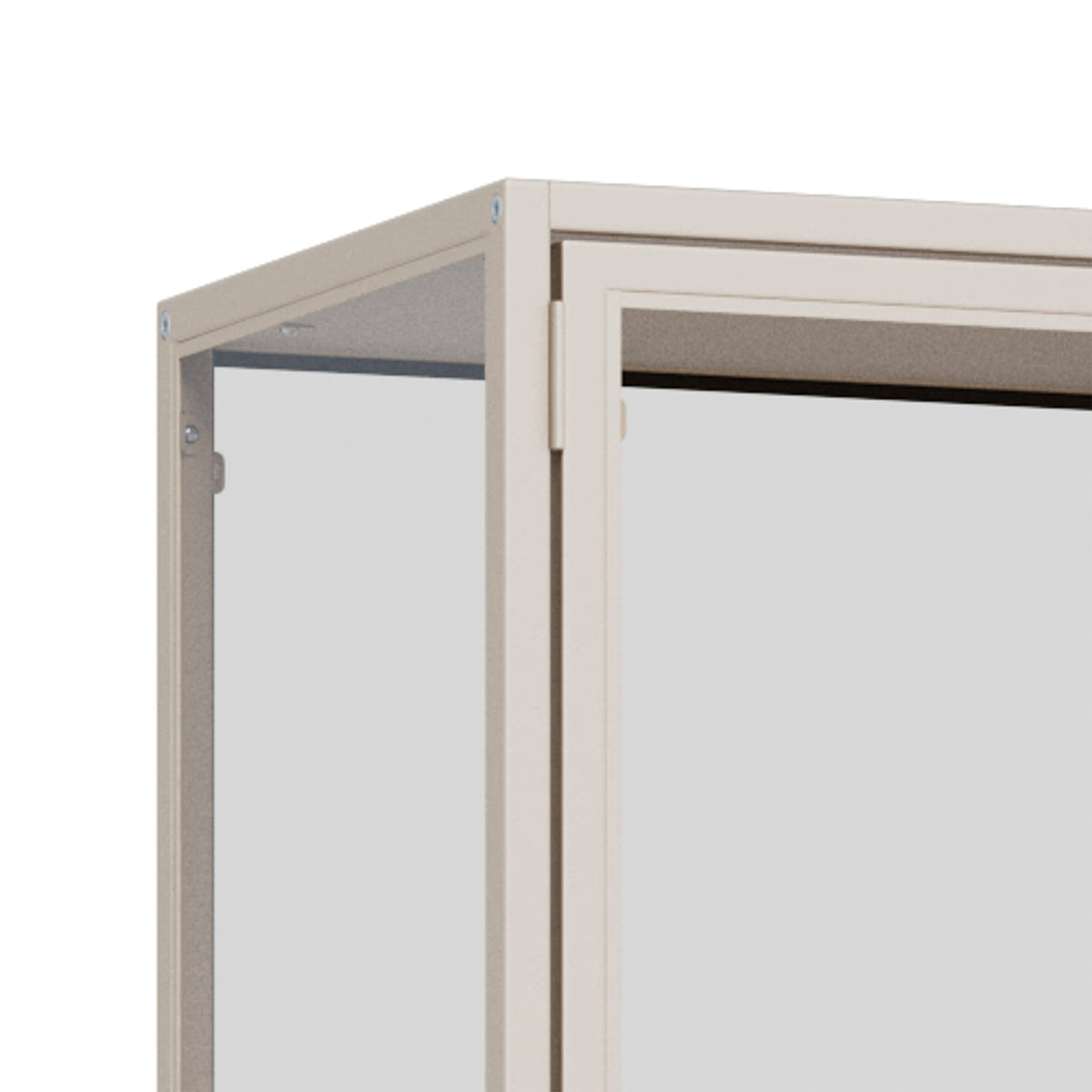 Witryna Skeleto 77x186 Szara Melamina – detal narożnika ramy i zawiasu drzwi ze szkłem hartowanym