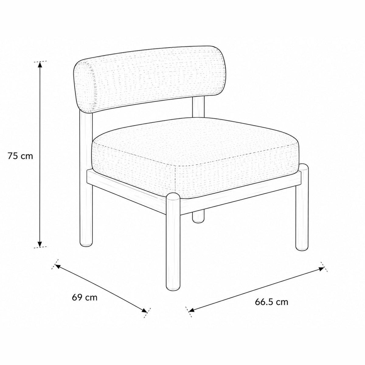 Shepy Lounge Chair with Bouclé Upholstery, Modern Style – dimensions drawing