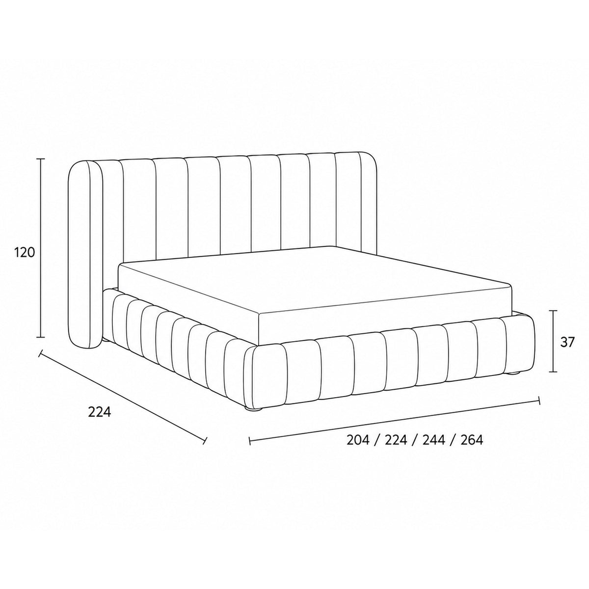 Gianda Upholstered Ottoman Bed with Vertical Tufting and Storage, Modern Soft Style – dimensions drawing