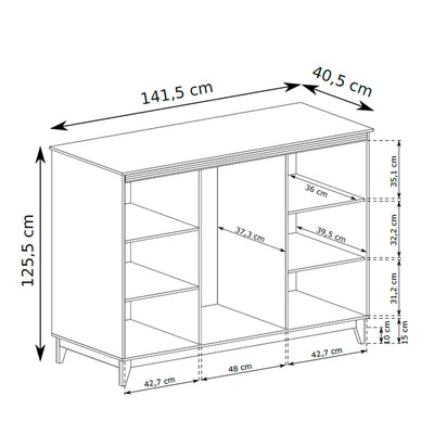 Witryna Serena 142x126 z przeszkleniem i szufladami w stylu modern classic – rysunek z wymiarami