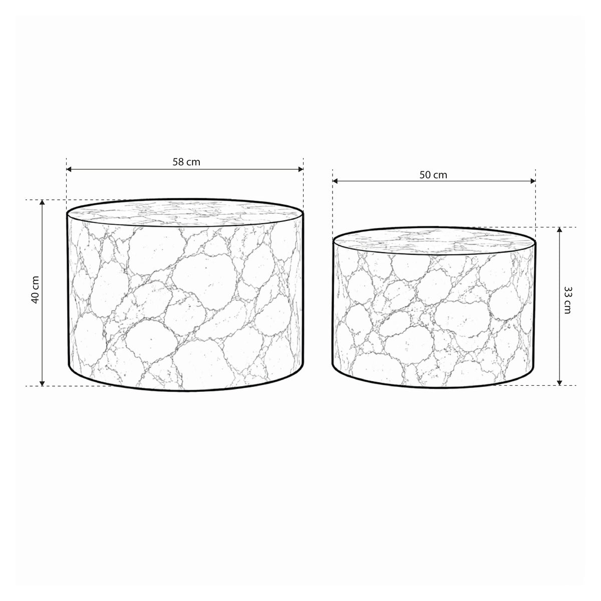 Cilindro Set of 2 Round Coffee Tables, Modern Style – dimensions drawing