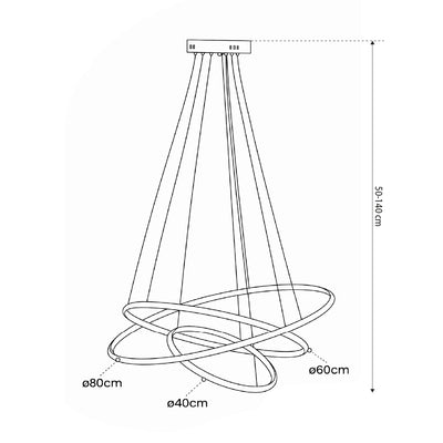 Movimento LED Pendant Lamp with Three Light Loops, Glamour Style – dimensions drawing