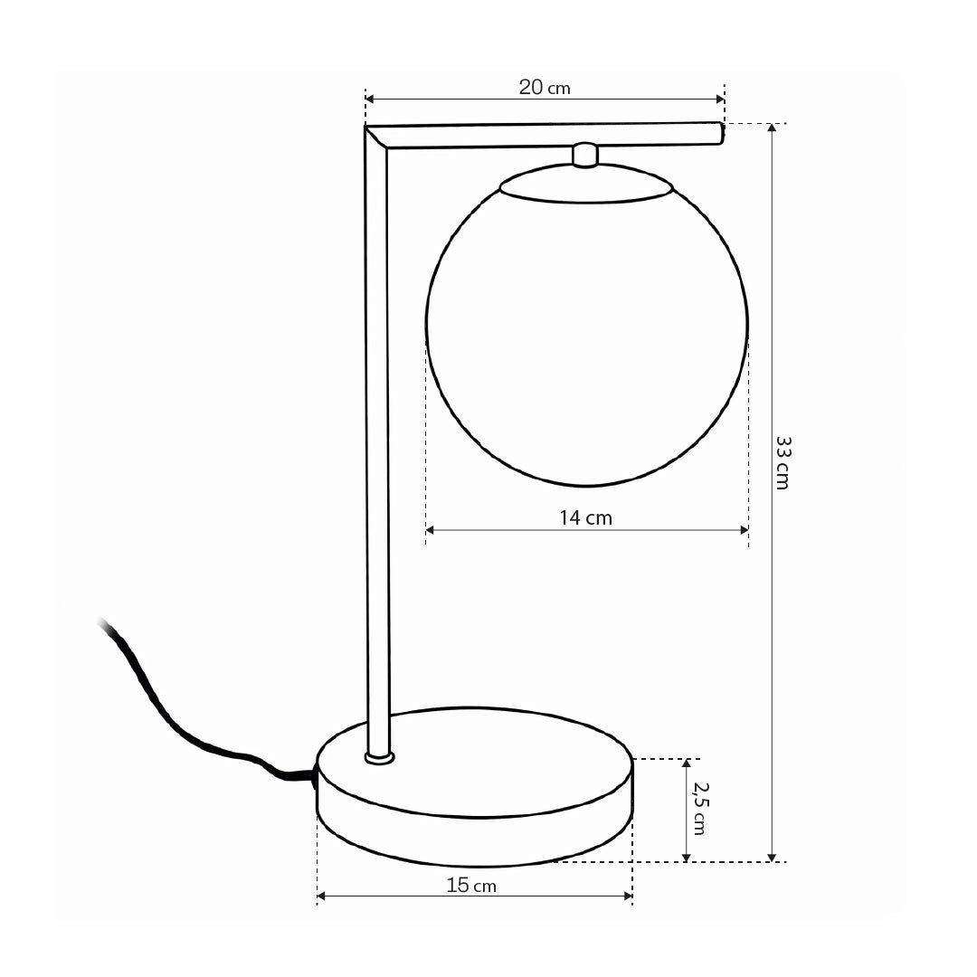 Orbitella Desk Lamp with Glass Globe, Elegant Style – Gold Metal, G9 Glass Shade – dimensions drawing