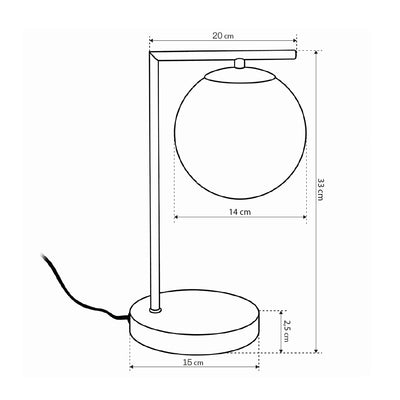 Orbitella Desk Lamp with Glass Globe, Elegant Style – Gold Metal, G9 Glass Shade – dimensions drawing