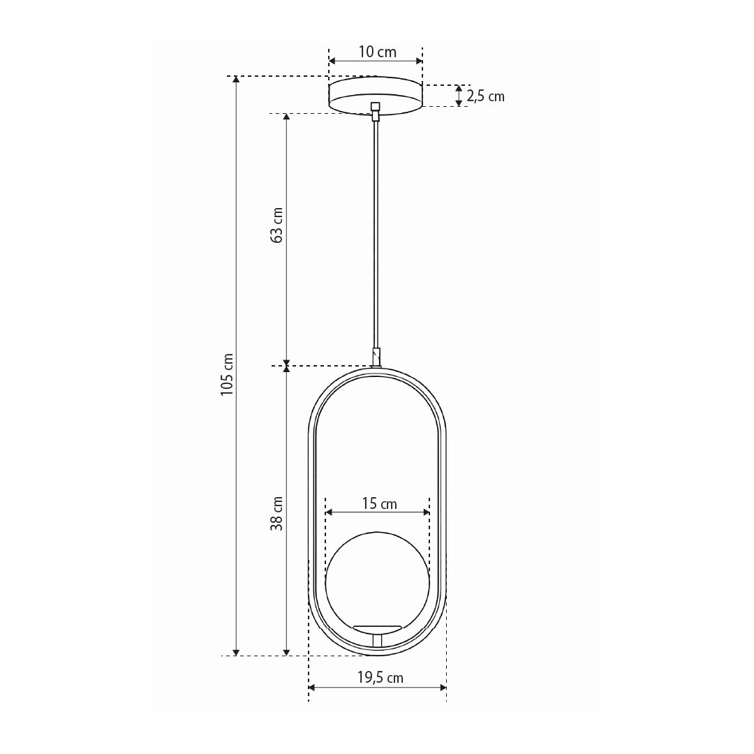 Orbitella Pendant Lamp with Spherical Shade in a Gold Frame, Modern Style – dimensions drawing