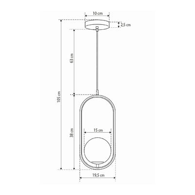 Orbitella Pendant Lamp with Spherical Shade in a Gold Frame, Modern Style – dimensions drawing