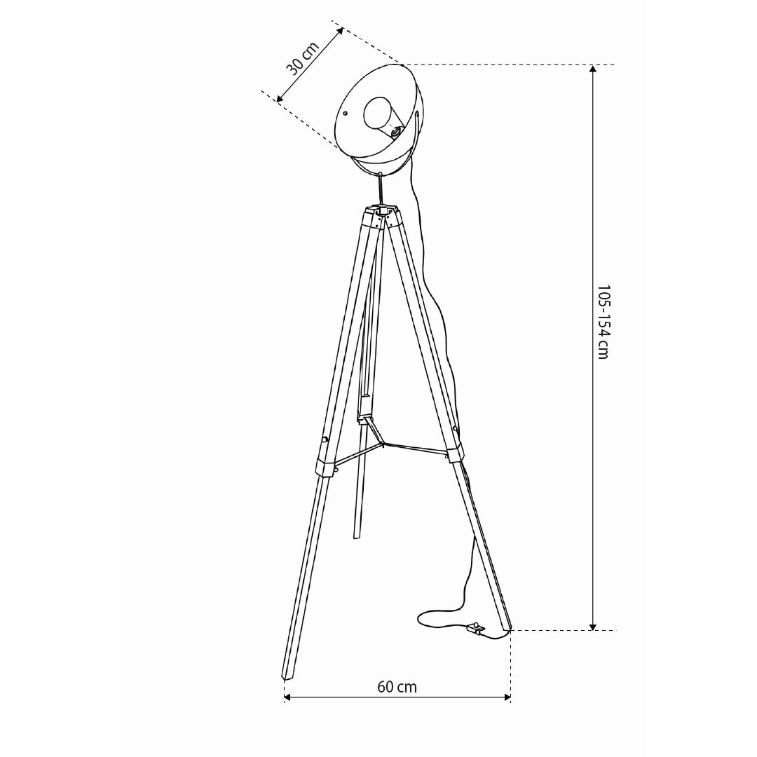 Reflecto Floor Spotlight Lamp on Tripod, Retro Style – dimensions drawing