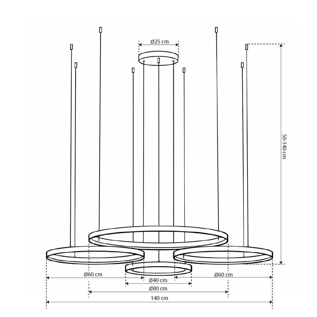 Soliva LED Pendant Lamp with Four Rings, Glamour Style – dimensions drawing