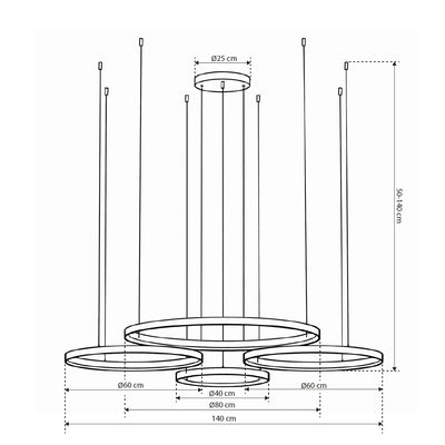 Soliva LED Pendant Lamp with Four Rings, Glamour Style – dimensions drawing