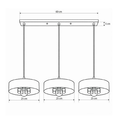 Lampa Spirra wisząca 3-punktowa w stylu industrialnym – rysunek z wymiarami