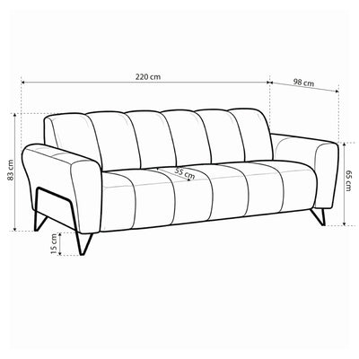 Sofa Nellia 3-osobowa do salonu w stylu soft, tkanina Storm – rysunek z wymiarami