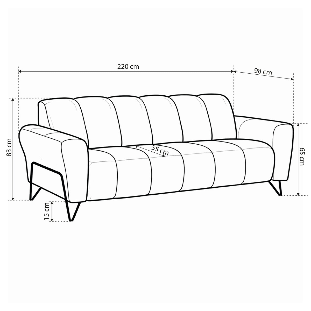 Sofa Nellia 3-osobowa do salonu w stylu soft, tkanina Storm – rysunek z wymiarami