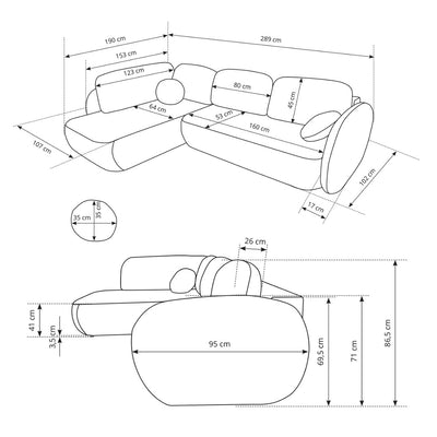 Narożnik z funkcją spania Olemo o powierzchni 123x250 w stylu organic modern – rysunek z wymiarami