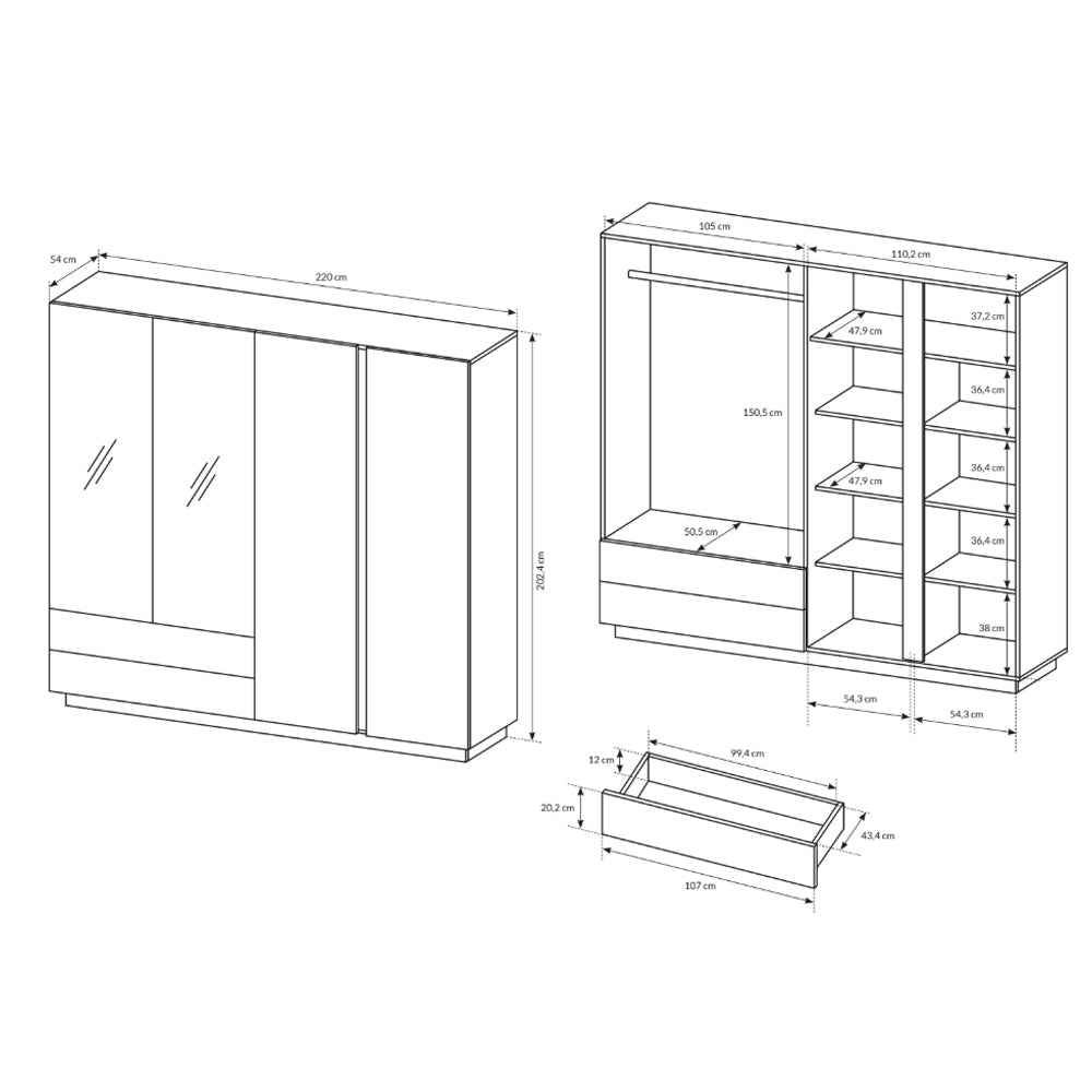 Szafa Armelia 4-drzwiowa 220x202 cm w stylu nowoczesnym – rysunek z wymiarami