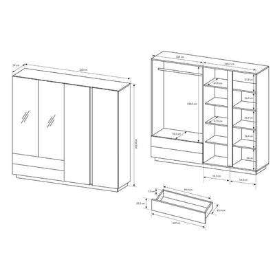 Szafa Armelia 4-drzwiowa 220x202 cm w stylu nowoczesnym – rysunek z wymiarami